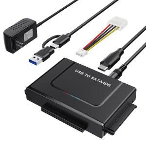 [미국배송] USB 3.0 TO IDE SATA 어댑터 2.5 / 3.5 인치 HDD SSD용 타입 C 하드 드라이브 리더 외장 컨버터 12V 2A 전원 어댑터 포함
