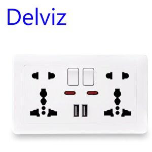 Delviz 벽면 전원 소켓 범용 5홀 2 1A 듀얼 USB 충전기 포트 146mm*86mm LED 표시기 영국 표준 USB 스위치 콘센트