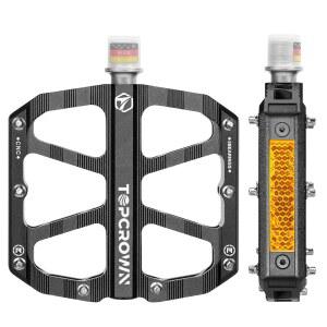 [미국배송] 반사경이 있는 탑크라운 산악 자전거 페달 알루미늄 금속 플랫 페달 9/16인치 - 3개의 밀폐 베어링 탈착식 핀이 미끄럼 방지 와이드 플랫폼 로드 바이크 BMX 전기