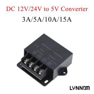 LYNNDM 12V 24V에서 5V로 변환하는 전력 3A 자동차 전원 10A 디스플레이용 전압 LED 공급 미니 컨버터 모듈 스텝다운 5A 15A