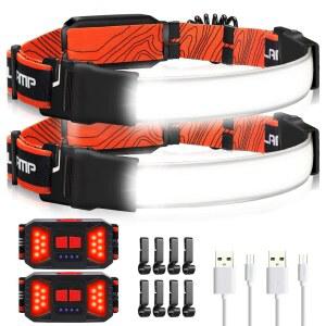 아델란테 LED 헤드램프 손전등, 1000LM 230 와이드빔 충전식 2팩, 레드 테일라이트 및 러닝 하이킹 캠핑용 방수 하드햇 라이트 8개 클립