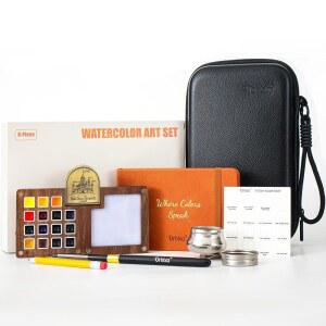 오르빅사 미니 수채화 여행 세트, 15가지 아티스트 등급 색상의 솔리드 호두 팔레트, 100% 면 스케치북, 워터 브러시, 컵 및 PU 가죽 케이스 u2014 아티스트용 휴대용 페인팅 선물 (코스믹 오렌지)