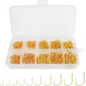 UCEC 500pcs 낚시 바늘 세트 민물 소금물 장비 태클 고탄소강 10가지 크기의 메기 송어 미끼 플라스틱 상자