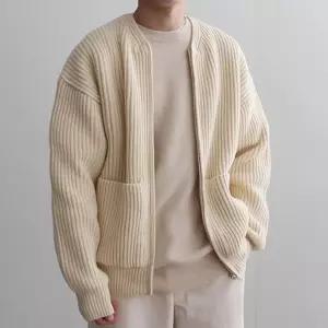 남자 루즈핏 집업 니트 가디건 포켓포인트 아우터 편한 코디 데일리룩세로패턴 카디건 아우 노카라 자켓 남