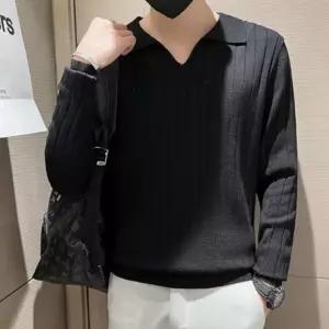 남성 댄디 오픈 카라 직장인 골지 니트 스웨터 티셔츠 긴팔 간절기 한티셔츠 캐주얼 데일리 패션
