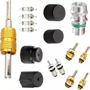 다운힐 16 PCS 에어컨 밸브 코어 키트 R134A A/C 덕트 압력 캡 및 서비스 유니버설 AC 시스템 충전 포트