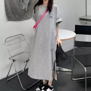 여성 오버핏 옆트임 롱 반팔 티셔츠 원피스 홈웨어 트임 데일리 캐주얼 편안한 루즈 라운지 마실룩 원마일