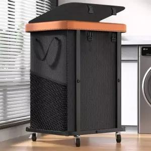 150L 40갤런 바퀴 달린 대형 패션 세탁 바구니 가죽 패치워크 롤링 튼튼한 금속 프레임 탈착식 가능한 가방