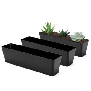 그리너 3PCS 16x3.8인치 창문 상자 화분, 배수구와 트레이가 있는 검은색 직사각형 허브 다육식물 꽃 창문, 정원, 발코니, 실내, 실외 장식용 플라스틱 화분