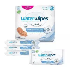 WaterWipes 민감 피부용 아기 기저귀 물티슈, 99.9% 물, 무향 및 저자극성, 신생아 피부용, 4팩 (240개)