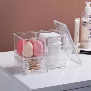 키밍 멀티 화장솜 면봉 투명 케이스 먼지 방지정리함 화장대 정리대 솜통 면봉통 칸막이 뚜껑 수납 보관함