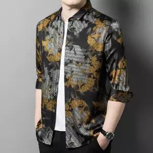 남성셔츠 누에실크 긴팔 플라워 셔츠 봄가을 중년 비즈니스 캐주얼 상의 심쿵해외구매