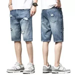 여름 캐주얼 팬츠 남자 데님 깔끔한 청반바지 얇은 반바지 디스트로이드 일자 5부 인기2