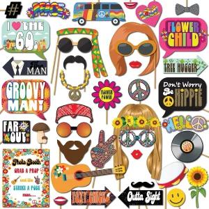 60년대 사진 부스 소품 - 41개 키트 8 x 10인치 표지판 60개의 접착 패드 45개의 스틱 히피 1960년 파티