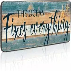 해안 장식 목재 명판 표지판 해변 테마 벽 - 바다가 모든 것을 고치다 해리 행잉 16x5 인치