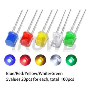 100PCS F5 LED 조명 다이오드 모음 세트 5MM 플랫 탑 빨간색 노란색 파란색 녹색 흰색