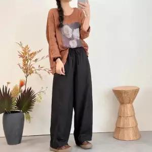 EAMT 여친 팬츠 빈티지 가을 캐주얼 스트링 빅사이즈 린넨 허리 밴딩 솔리드 EUNG3