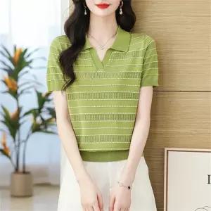 여사친 니트 춘하 반팔 티셔츠 스트라이프 상의 터틀넥 얇은 라이셀 세련도도녀 OOTD1