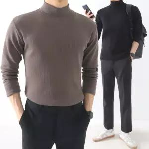 [지지블랙][기모][M4XL] 신축성 좋은 캐럴 골지 스판 기모 반폴라 긴팔 티셔츠 머슬핏