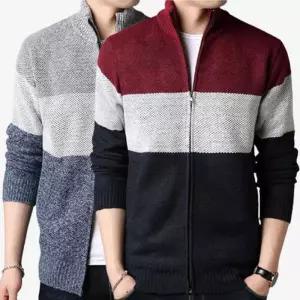 [아이에스이랩]보카시 3단배색 집업 기모 니트 가디건 I4NT003