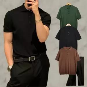 [옷자락]남성 단추 니트 골지 카라넥 반팔 티셔츠