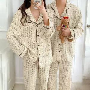 IOLE 크림 리브레 커플 잠옷 홈웨어 프리사이즈 봄,가을,겨울용 스트라이프