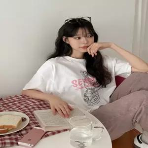 [제작] 로젤린 루즈핏 나염 반팔 티셔츠 70195 빅사이즈 여성의류