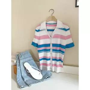 [하프클럽/샵앤]티티 여성 카라 단추오픈 골지 반팔 니트 가디건 BONG-WCD-3412-