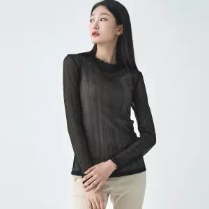 메탈 시스루 프릴넥 긴팔 티셔츠 LFTSO306_BK