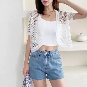 여자 그물 망사 시스루 볼레로 크롭 반팔 미니 가디건_18179495_588847