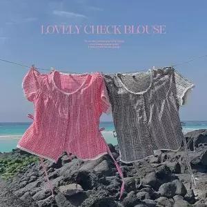 핫핑 [포인트템/복부커버] 플베리 사이드리본 라운드넥 체크 레이스 반팔 블라우스