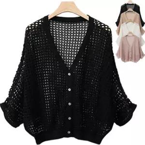 루즈핏 그물 망사니트/브이넥 여름가디건/빅사이즈CD/시스루/7부/반팔/미시원피스코디/하얀비