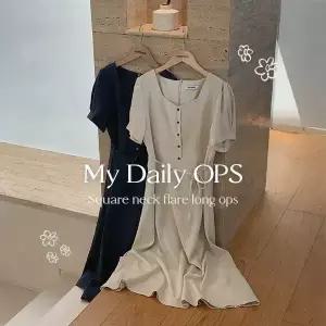 핫핑 [하객룩] 뉴어티 스퀘어넥 반팔 플레어 롱원피스