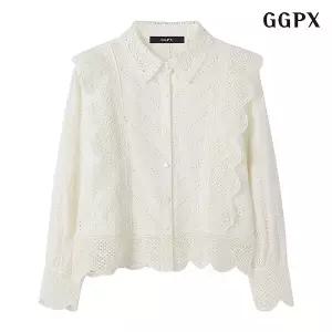페미닌 펀칭 버튼업 프릴 긴팔 블라우스 (GOCBA010D)