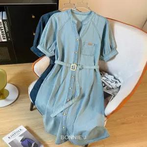 [보니제이]베이직 데님 브이넥 반팔 롱원피스 벨트포함 노카라