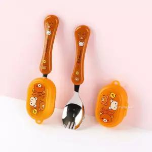 (2P 해피 브라운) 리락쿠마 편한 포카락/수저/유아/세트/포크/숟가락/숫가락/스텐/셋트/화채/스푼/어린이