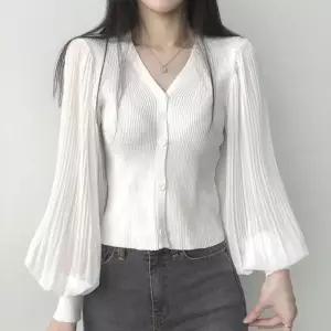 ONM 여성 브이넥 시스루 쉬폰 블라우스 골지 가디건