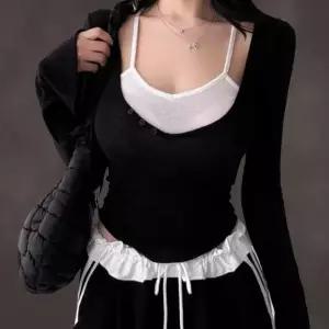 [하프클럽/]여성 크롭 민소매 레이어드 티셔츠 배색 긴팔