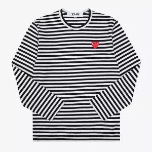 [꼼데가르송] AX-T164-051 1 PLAY 플레이 레드 하트 와펜 스트라이프 공용 긴팔티