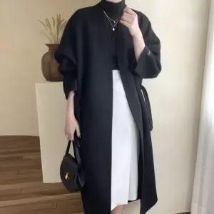 겨울 벨트 노카라 핸드메이드 롱 코트 울 자켓