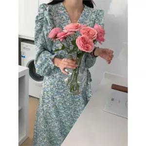 어깨셔링 플라워 랩스타일 브이넥 롱원피스