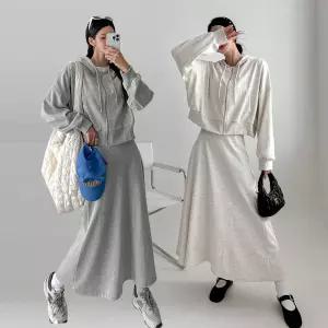 여성 면 무지 후드집업 플레어 롱 스커트 세트 11SST0100 빅사이즈 루즈핏 오버핏 봄