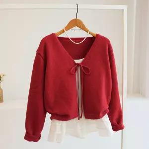 [잇수다] (SET) 루빈나 리본 스트랩 루즈핏 니트 가디건 + 프릴 캉캉 나시 세트