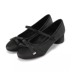 [BABARA]바바라 소가죽 페미닌 리본 디테일 메리제인 여성 키튼힐 3.5cm_BBJ116BK