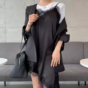 레이스 슬립 원피스 롱 언발 새틴 레이어드 끈나시 뷔스티에 란제리룩 유니크 믹스매치