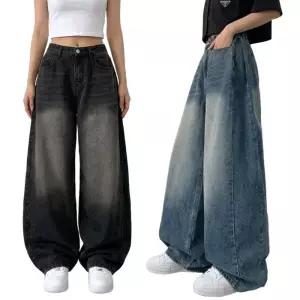 제니유 여성 사이드 폴딩 핀턱 와이드 데님팬츠 벌륜핏 청바지 빅사이즈