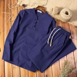 남성 린넨 헨리넥 긴팔티 밴딩 팬츠 상하세트 여름 트레이닝세트 WI135SET