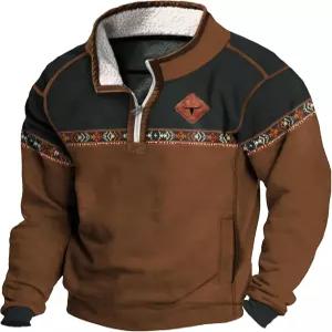 남성용 도미리카 웨스턴 후드티 아즈텍 빈티지 롱혼 그래픽 풀오버 1/4 지퍼 크루넥 칼라 플리스