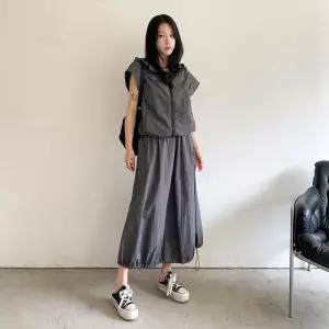 여자 바스락 오버핏 후드 민소매 집업 롱스커트 세트