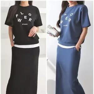 여자 여름 코튼 레터링 반팔 티셔츠 롱스커트 세트